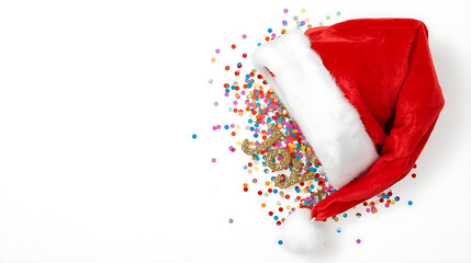Title: Joyful Christmas Party Elements with Santa Hat Confetti and Joy Ornament on White Background