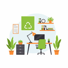 Fototapeta premium Ecofriendly green office workspace illustration with recycling symbol and plants.