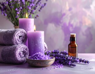Serene spa scene with purple candles, towels, and lavender