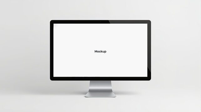 A computer monitor with a silver base displays the word "Mockup" on a plain white screen, set against a minimalist, light gray background generative ai