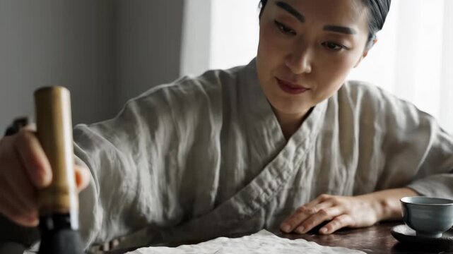 Asian artist practicing traditional calligraphy with a brush on paper.
