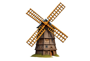 Decorative Windmill Model with Wooden Structure and Bright Orange Blades on Transparent Background