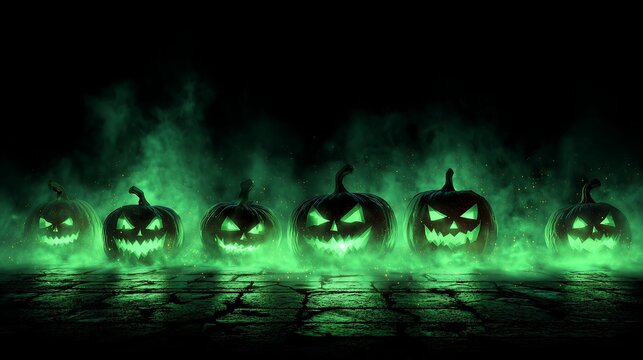 Spooky Halloween pumpkins glowing green on cracked floor with eerie fog - Powered by Adobe