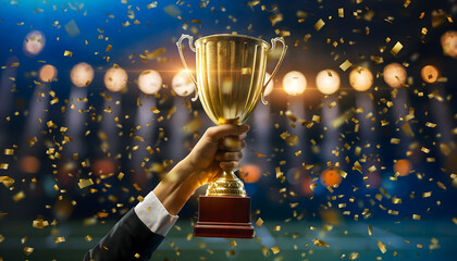 Hand Holding Golden Trophy with Confetti for Victory Celebration