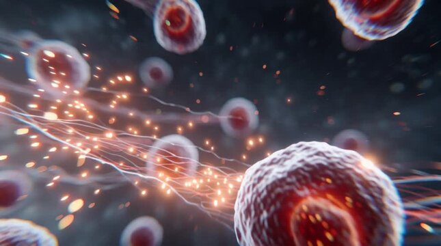 Dramatic medical 3D visualization of white blood cells attacking bacteria in the bloodstream, with glowing energy particles highlighting immune response, cellular defense, and infection control.
