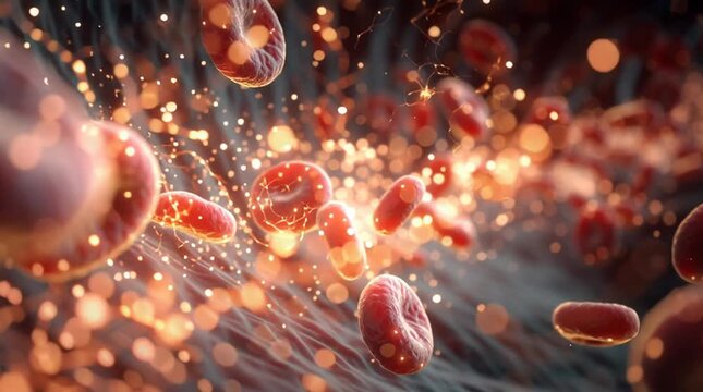 Dramatic medical 3D visualization of white blood cells attacking bacteria in the bloodstream, with glowing energy particles highlighting immune response, cellular defense, and infection control.
