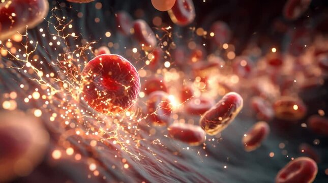 Dramatic medical 3D visualization of white blood cells attacking bacteria in the bloodstream, with glowing energy particles highlighting immune response, cellular defense, and infection control.

