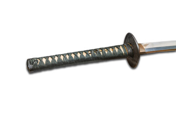 Japanese katana sword with black lacquer and gold accents, standing out against a light grey background The sword is ornate, and the perspective is from above, showcasing intricate details