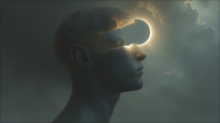 conceptual portrait, brain divided into sunlit and moonlit sides, symbolic eclipse of consciousness, ethereal atmosphere, soft surreal lighting, v7 hyper-realistic 
