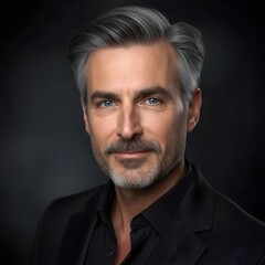 Obraz premium Dramatic studio portrait of a confident mature man with salt-and-pepper hair, sharp facial features, and a composed expression, captured in low-key lighting that emphasizes depth, character, and refin