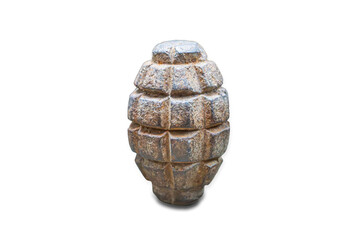 Rusted artillery shell against a neutral background, aged by exposure to elements Aerodynamic ridges and dimples, upright positioning, even lighting, realistic style, no text visible