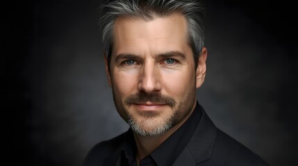 Obraz premium Dramatic studio portrait of a confident mature man with salt-and-pepper hair, sharp facial features, and a composed expression, captured in low-key lighting that emphasizes depth, character, and refin