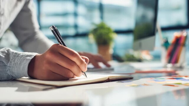 A hand holds a pen, jotting down notes in a notebook on a contemporary office desk with scattered sticky notes and a desktop computer. Sunlight illuminates the workspace, evoking creativity and focus