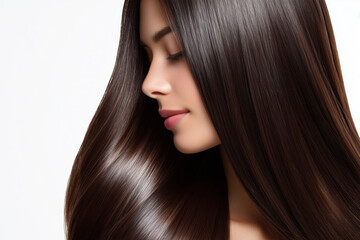 Fototapeta premium Close-up of woman with smooth, shiny straight brown hair on white background