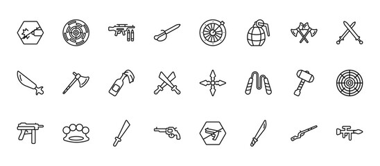 24 set of outline web weapons icons such as shooting target, dart board game, boarding, thor hammer, revolvers vector thin icons for report, presentation, diagram, web design, mobile app © Digital Bazaar