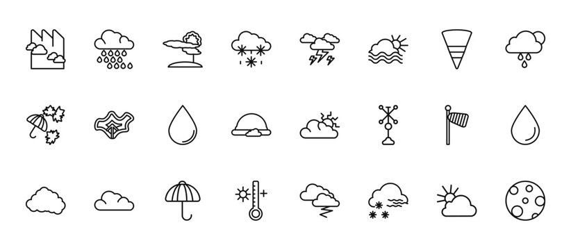 24 set of outline web weather icons such as drizzle, thunderbolt, isobars, windsock, hot vector thin icons for report, presentation, diagram, web design, mobile app