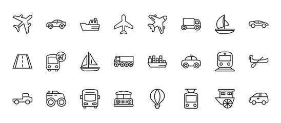 24 set of outline web transportation icons such as automobile, jumbo jet, airport shuttle, subway, school bus vector thin icons for report, presentation, diagram, web design, mobile app © Digital Bazaar