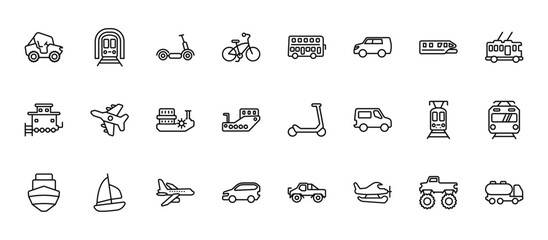 24 set of outline web transportation icons such as train in a tunnel, double decker bus, army airplane, tramway, automobile vector thin icons for report, presentation, diagram, web design, mobile © Digital Bazaar