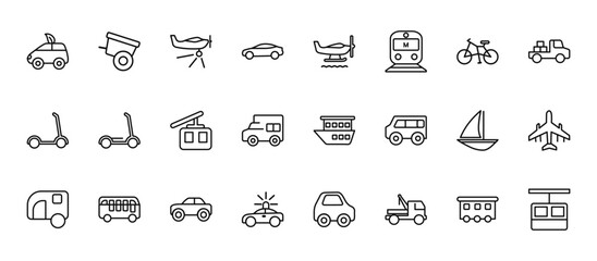 24 set of outline web transportation icons such as oxcart, hydroplane, scooter, schooner, police car vector thin icons for report, presentation, diagram, web design, mobile app © Digital Bazaar