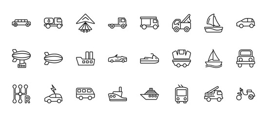 24 set of outline web transportation icons such as tanker, haul, zeppelin, sailboat, tugboat vector thin icons for report, presentation, diagram, web design, mobile app © Digital Bazaar