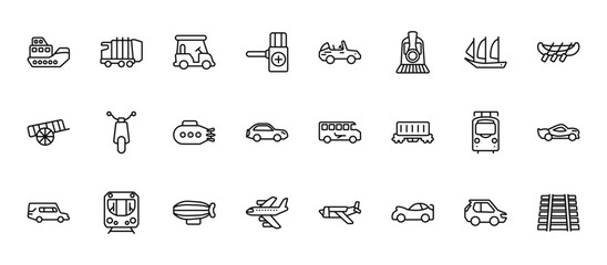 24 set of outline web transport aytan icons such as litter car, cabriolet, scooter front view, tram front view, airliner vector thin icons for report, presentation, diagram, web design, mobile app © Digital Bazaar