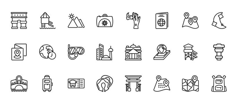 24 set of outline web travel icons such as water slide, moon and tree, time zone, waterpark, sleeping vector thin icons for report, presentation, diagram, web design, mobile app