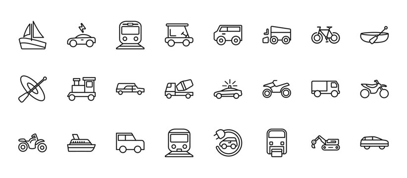 24 set of outline web transportation icons such as electric car, minivan, train, truck,   vector thin icons for report, presentation, diagram, web design, mobile app