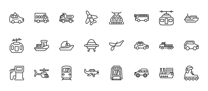 24 set of outline web transport aytan icons such as camper car, funicular railway, houseboat, flatbed lorry, crop duster vector thin icons for report, presentation, diagram, web design, mobile app
