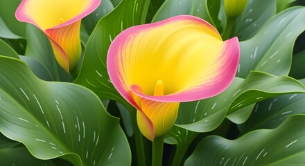 Close up of a vibrant yellow calla lily with a pink edge surrounded by lush green leaves in a garden
