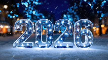Glowing ice sculpture numbers forming 2026 in snowy winter scenery with festive holiday lights and snowfall at night