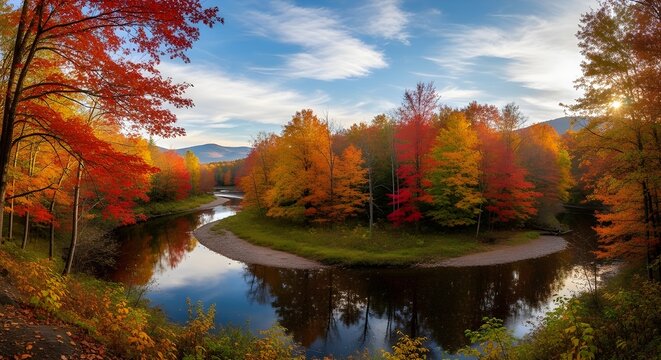 Winding river surrounded by vibrant autumn foliage under a partly cloudy sky in vermont state usa