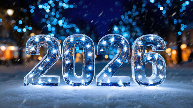 Glowing ice sculpture numbers forming 2026 in snowy winter scenery with festive holiday lights and snowfall at night