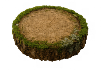 Old tree stump with annual rings and green moss growing on outer edge, transparent background