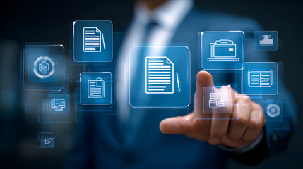 Document management concept, check electronic documents on digital documents on virtual screen Document Management System and process automation to efficiently document paperless