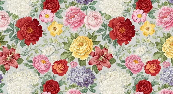 Seamless floral pattern featuring roses peonies and lilies in a vintage style design on light background - Powered by Adobe