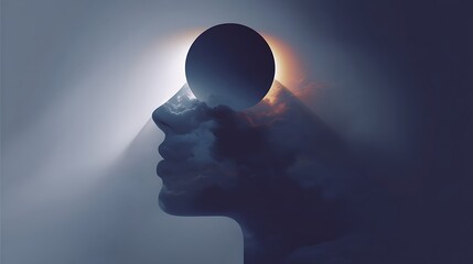 conceptual surreal vector, moon overlapping the human mind like an eclipse, representing hidden thoughts and awareness, subtle lighting balance, v7 realism 