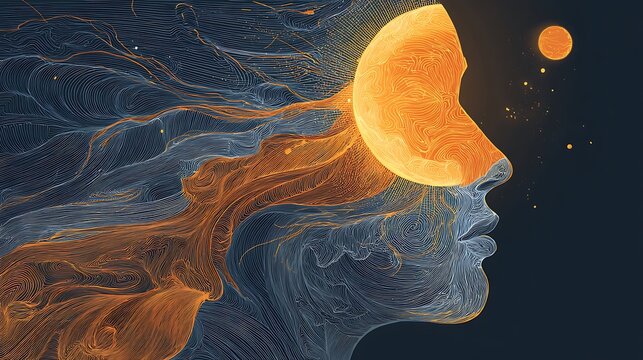 surreal illustration of human profile merging sun and moon, light and shadow balance, inner duality, fine art vector, high detail, v7 cinematic tone 