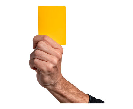 Hand holding yellow card on transparent background