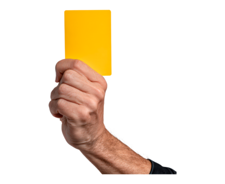 Hand holding yellow card on transparent background