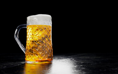 Draft or craft beer in a tall clear glass. With cold steam, White beer foam was placed on the reflective floor. There were water droplets on the floor. Most popular alcoholic beverages. 3D rendering