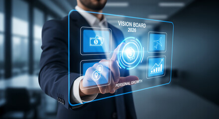Businessman in suit touching a Vision Board 2026 virtual interface