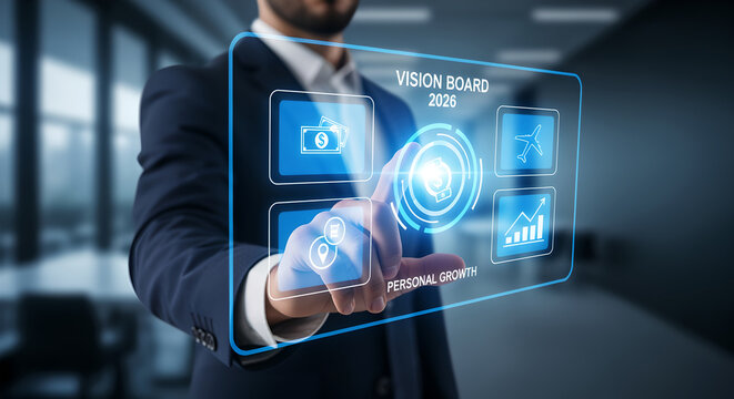 Businessman in suit touching a Vision Board 2026 virtual interface - Powered by Adobe