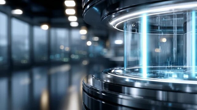 A close up of a transparent cylindrical structure with metallic elements and glowing blue accents in a contemporary interior. The scene suggests a digital, sci fi, or tech driven atmosphere
