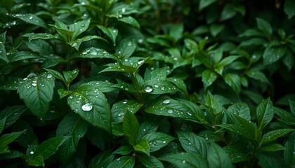Green foliage is covered with fresh drops of water, 8k  photorealism. White tone