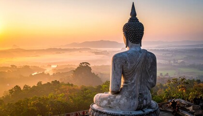 Stone statue overlooking misty valleys and hills at sunrise