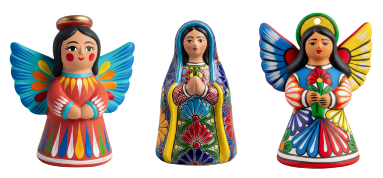Mexican Folk Art Figurines of Angel and Virgin Mary Made of Ceramic