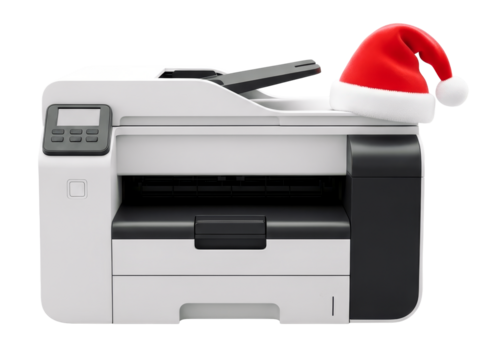 Multifunction Office Printer Wearing a Red Santa Claus Hat