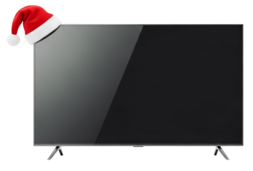 Sleek Modern Television with a Red Santa Claus Hat on Corner