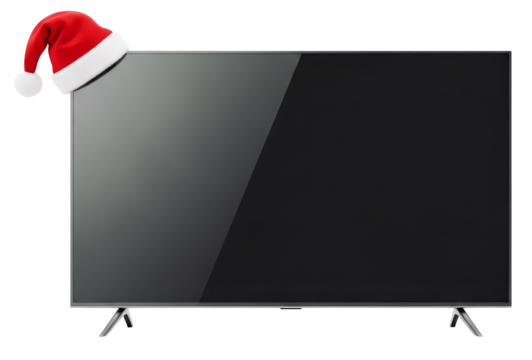 Sleek Modern Television with a Red Santa Claus Hat on Corner - Powered by Adobe