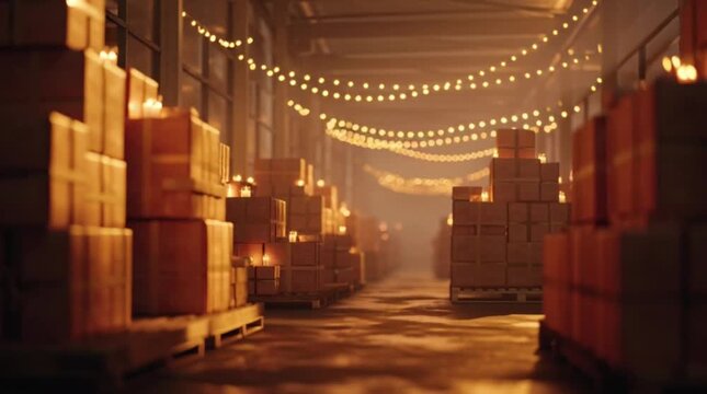 Warehouse aisle 3D animation with festive string lights and boxes. Cozy holiday e-commerce logistics background.Seamless loop.